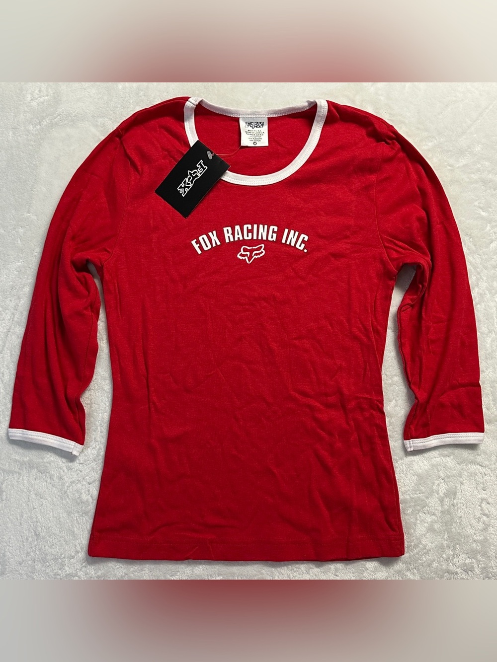 Y2K FOX women's deadstock red white graphic 1/2 sleeve ringer tee, M.